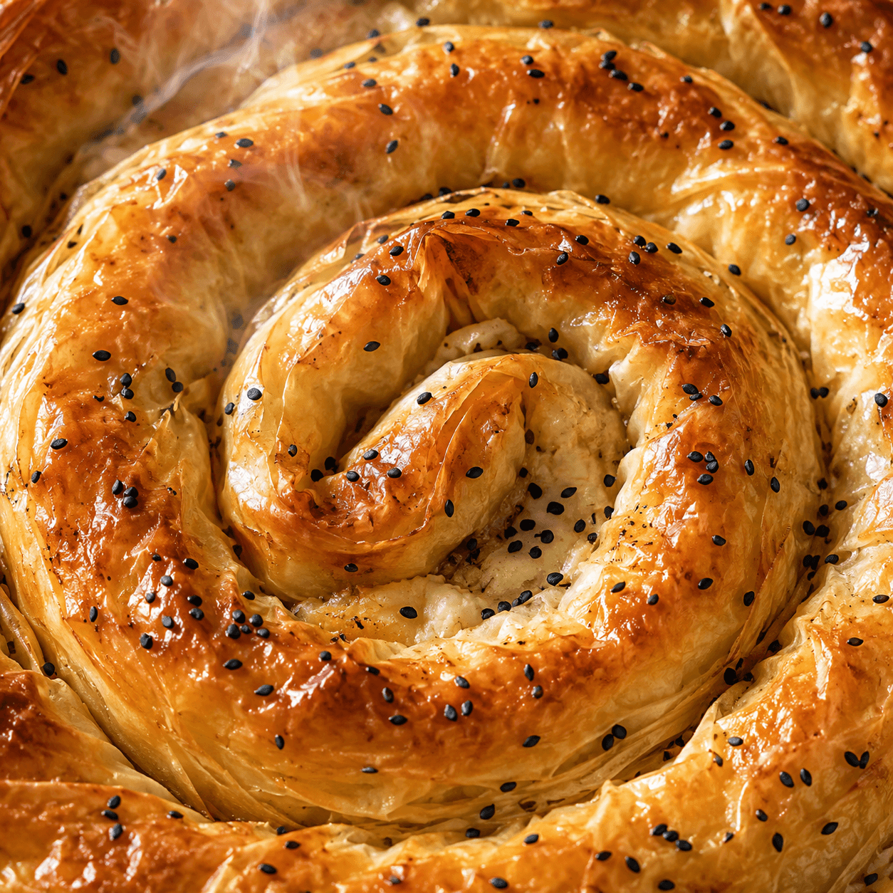 Golden spiral banitsa with black sesame seeds